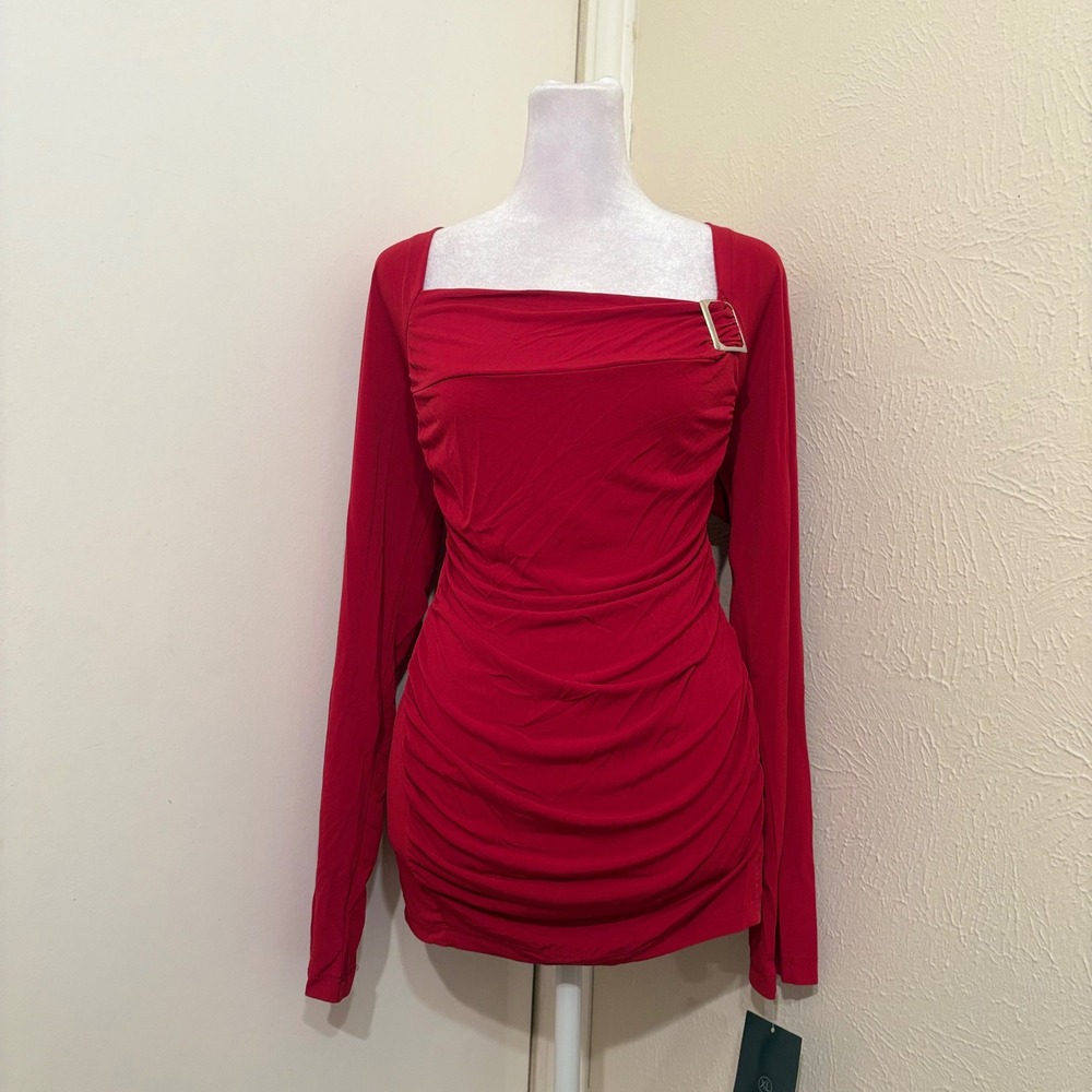 NWT Red Ruched Long Sleeve Square Neck Buckle Top Stretchy Date Night Glam XL